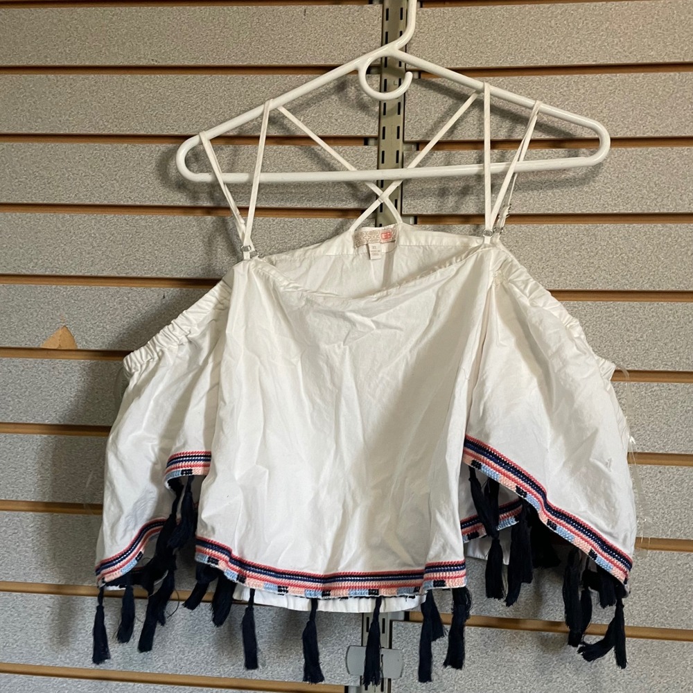 GB White Off Shoulder Tassel Crop Top Spaghetti Strap XL Boho Festival